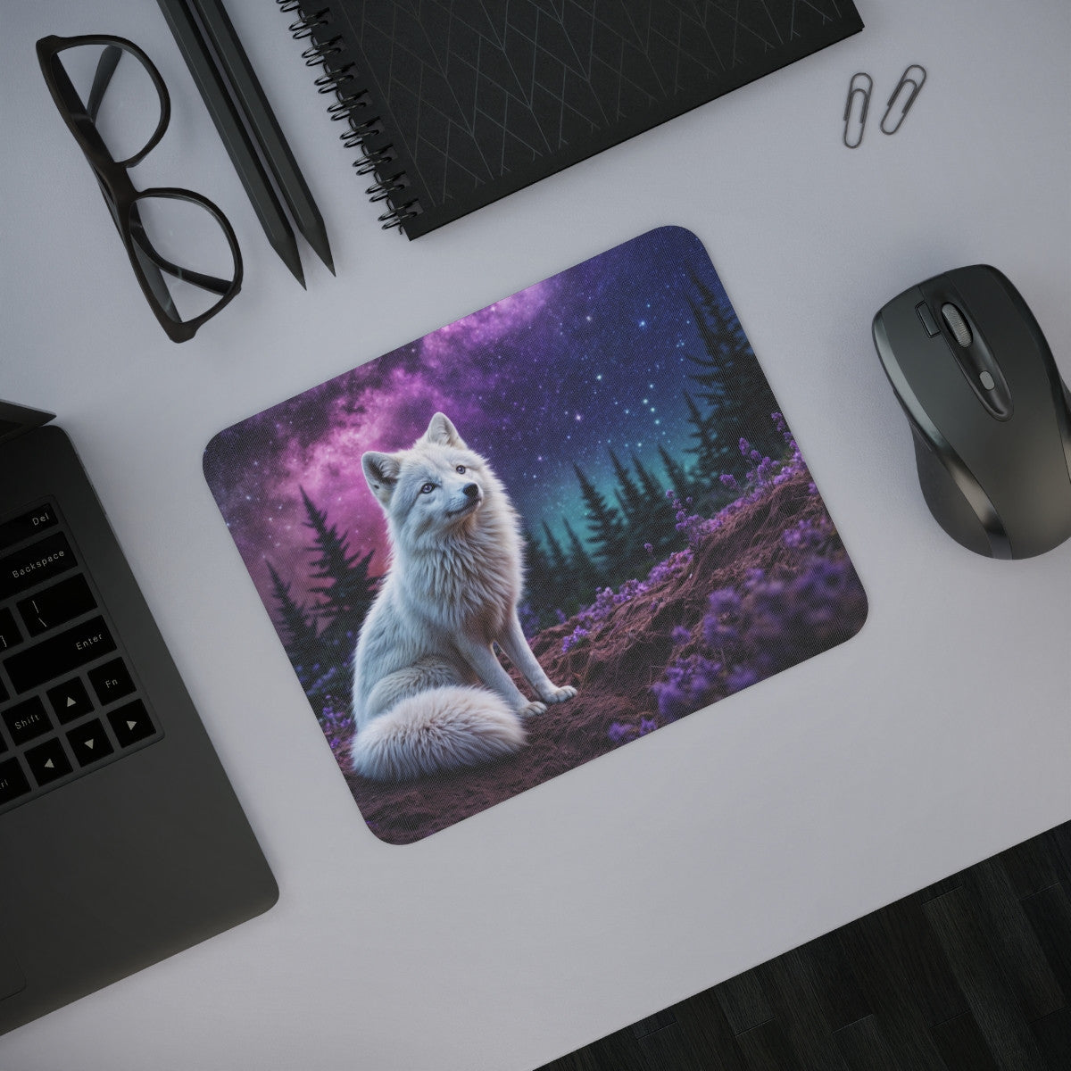 Tapis de Souris Renard Polaire Mystique Ciel Étoilé Violet et Forêt Enchantée Illustration Nature Sauvage Idée cadeau