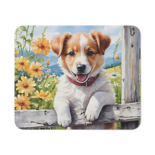 Tapis de Souris Chiot à la Campagne  Chien Mignon avec Fleurs Jaunes  Accessoire Bureau & Gaming
