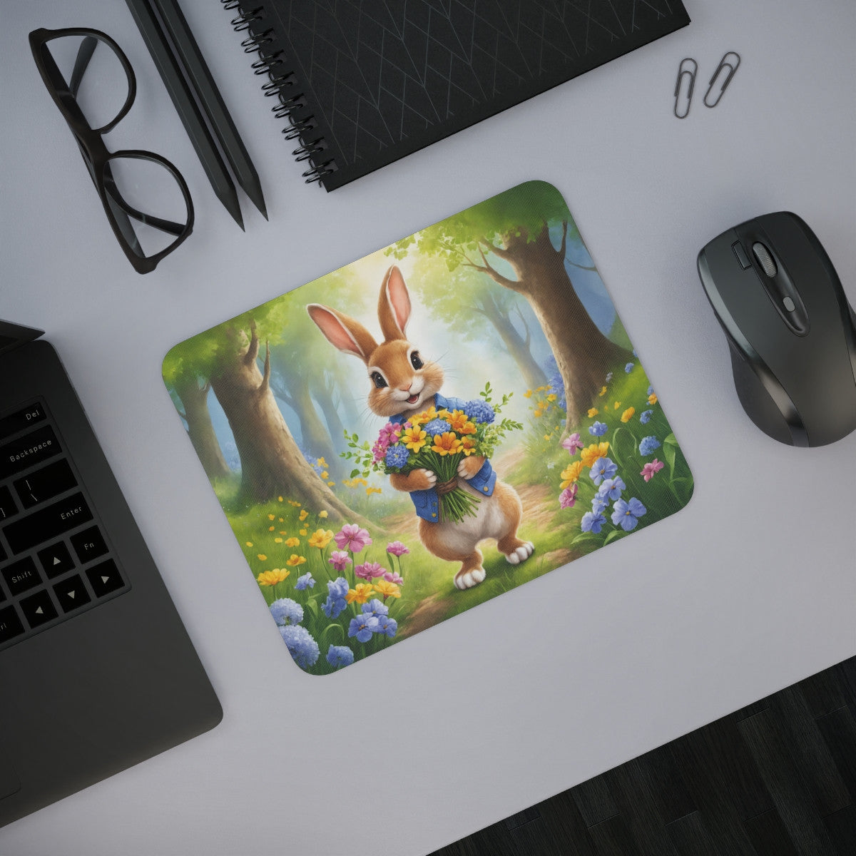 Tapis de Souris Lapin avec Fleurs  Design Mignon et Printanier  Forêt Enchantée Pour enfant et adulte