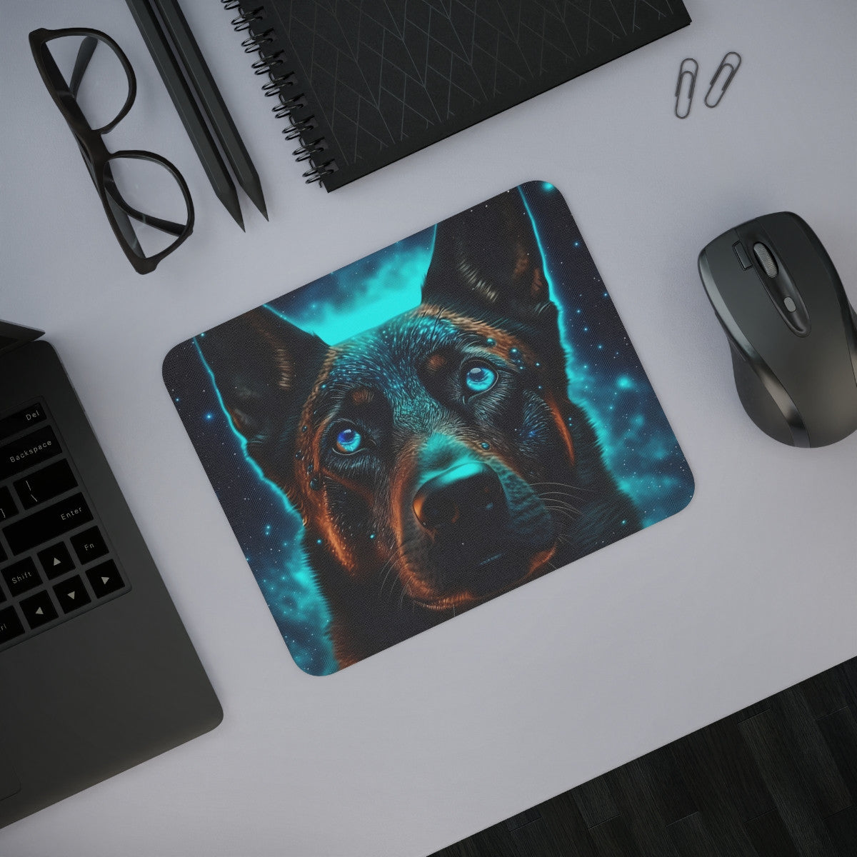 Tapis de Souris Chien Galactique  Design Futuriste Néon Berger Cybernétique Idéal Gaming & Bureau Antidérapant