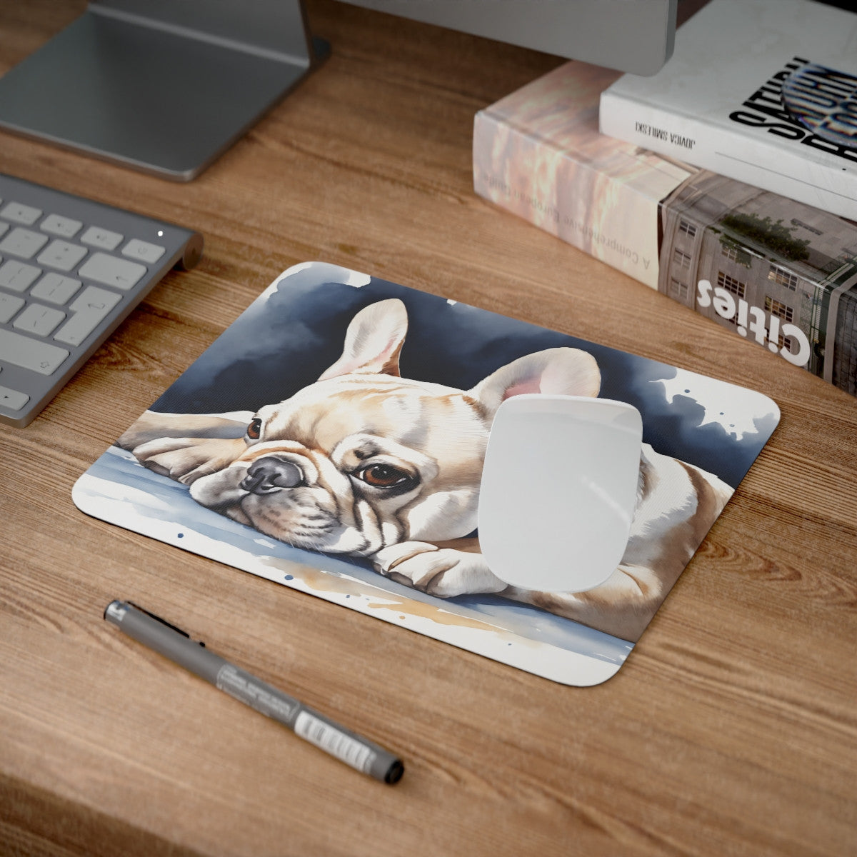 Tapis de Souris Bouledogue Français Style Aquarelle Élégant Chien Allongé Adorable Accessoire de Bureau Original