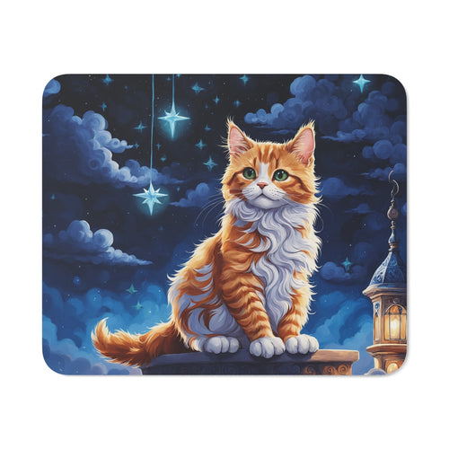 Tapis de Souris Chat Roux Magique  Illustration Nocturne Féérique Ciel Étoilé, Lanterne et Éclat Lunaire  Accessoire Bureau
