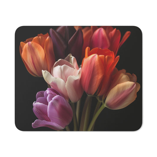 Tapis de Souris Tulipes Élégantes Bouquet Floral Réaliste Fleurs Colorées sur Fond Noir Accessoire Bureau