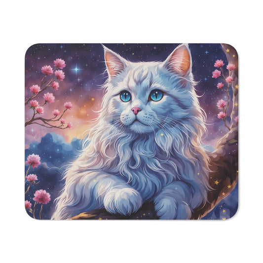 Tapis de Souris Chat Blanc Lunaire llustration Féérique Nocturne Fleurs Roses, Ciel Étoilé Accessoire Bureau Fantastique