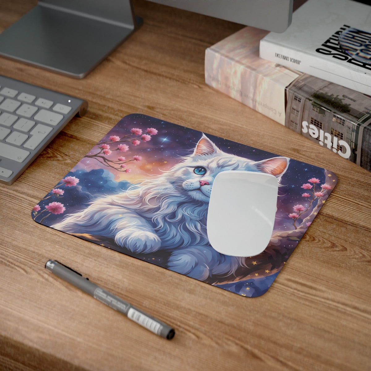 Tapis de Souris Chat Blanc Lunaire llustration Féérique Nocturne Fleurs Roses, Ciel Étoilé Accessoire Bureau Fantastique