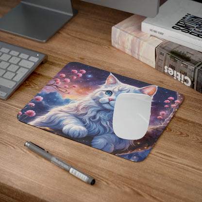 Tapis de Souris Chat Blanc Lunaire llustration Féérique Nocturne Fleurs Roses, Ciel Étoilé Accessoire Bureau Fantastique