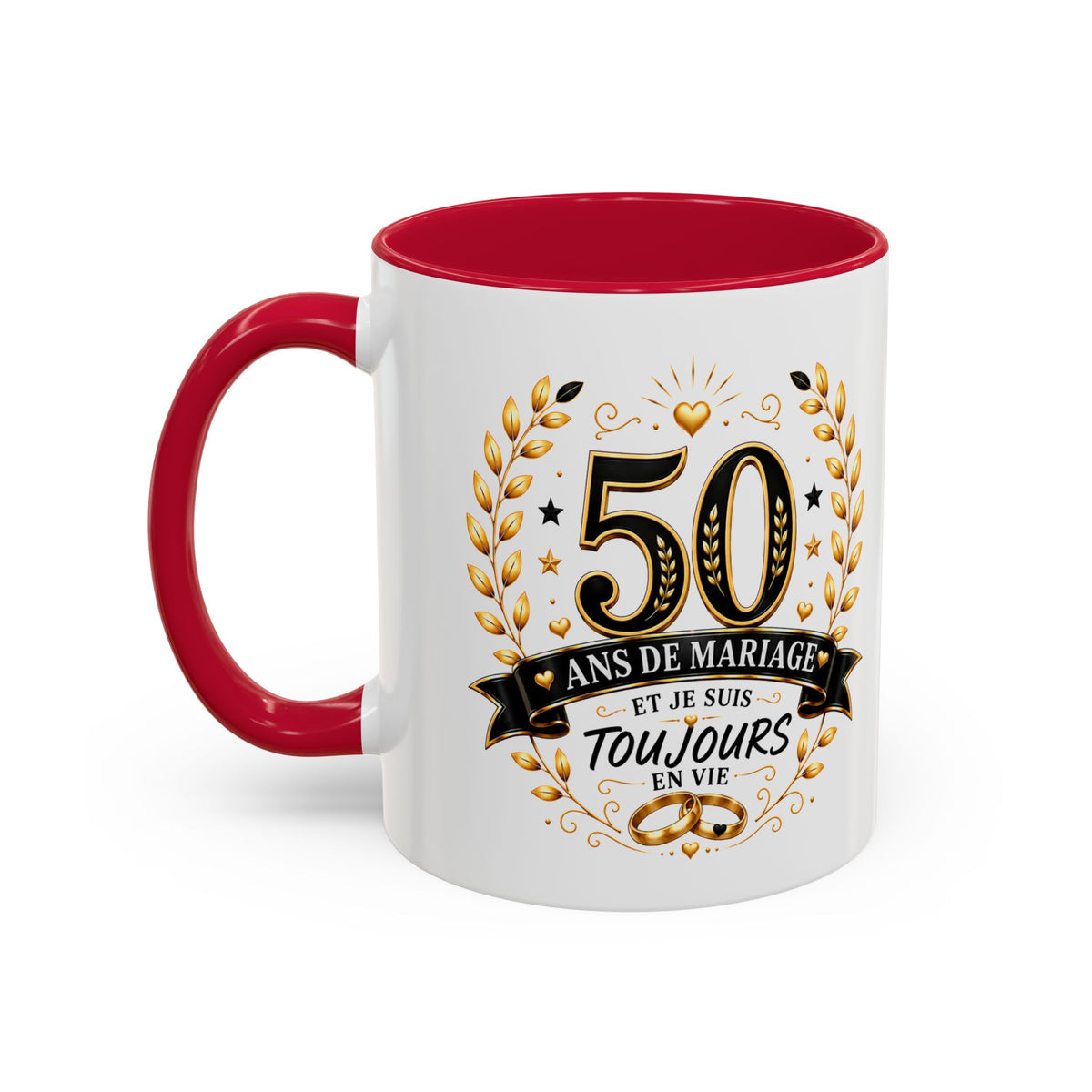 Mug 50 Ans de Mariage et Je Suis Toujours en Vie – Tasse Humoristique Anniversaire de Mariage – Idée Cadeau Couple Noces d’Or noir bleu rouge