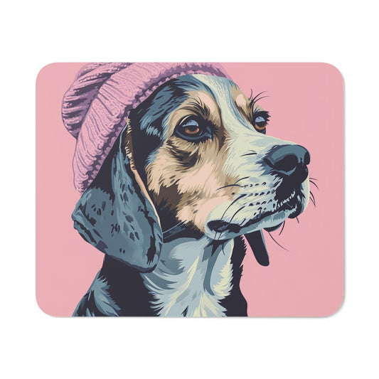 Tapis de Souris Chien Stylé Illustration Pop Art Canine Beagle Bonnet Rose sur Fond Rose Accessoire Bureau Arty et Tendance