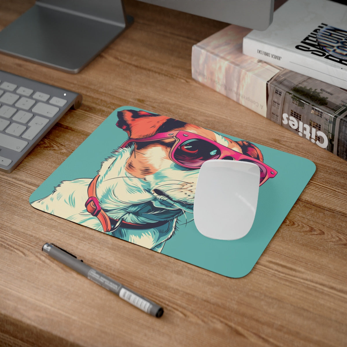 Tapis de Souris Chien Cool  Illustration Pop Art avec Lunettes Roses Accessoire Bureau Fun et Tendance