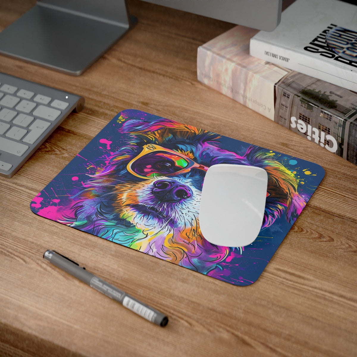 Tapis de Souris Chien Graffiti Lunettes Flashy et Éclaboussures Néon  Illustration Street  Accessoire Bureau Ultra Coloré