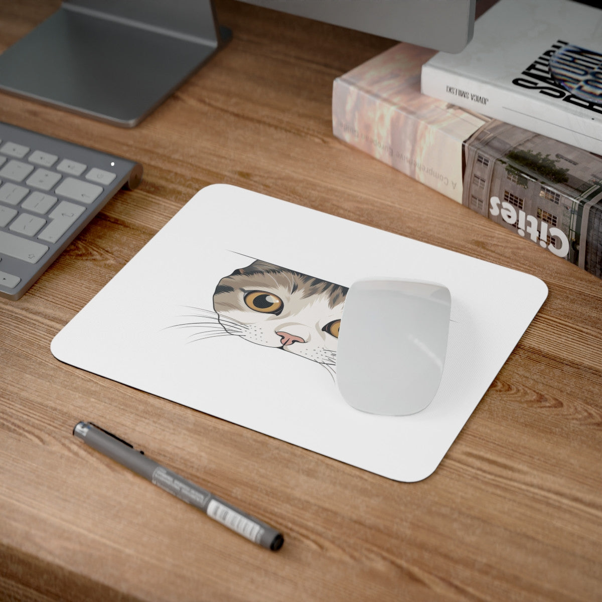 Tapis de Souris Chat Curieux  Illustration Minimaliste Mignonne Effet 3D Discret et Amusant Accessoire Bureau  Original