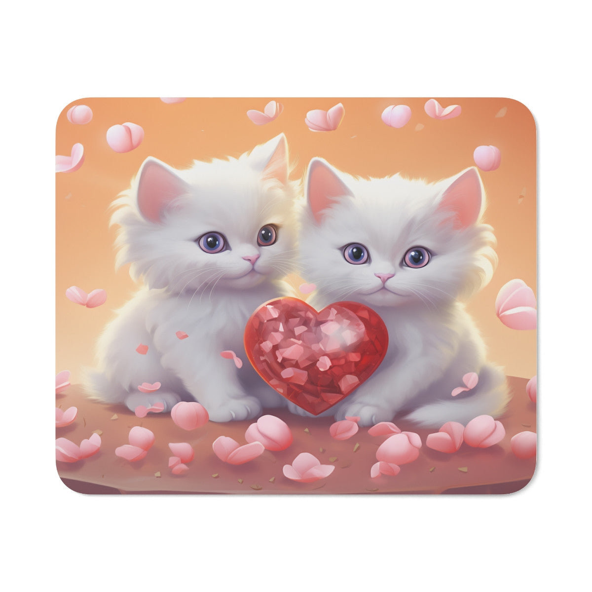 Tapis de Souris Chatons Cœur d’Amour Duo Blanc avec Fleur Rose Illustration Romantique et Mignonne Saint-Valentin