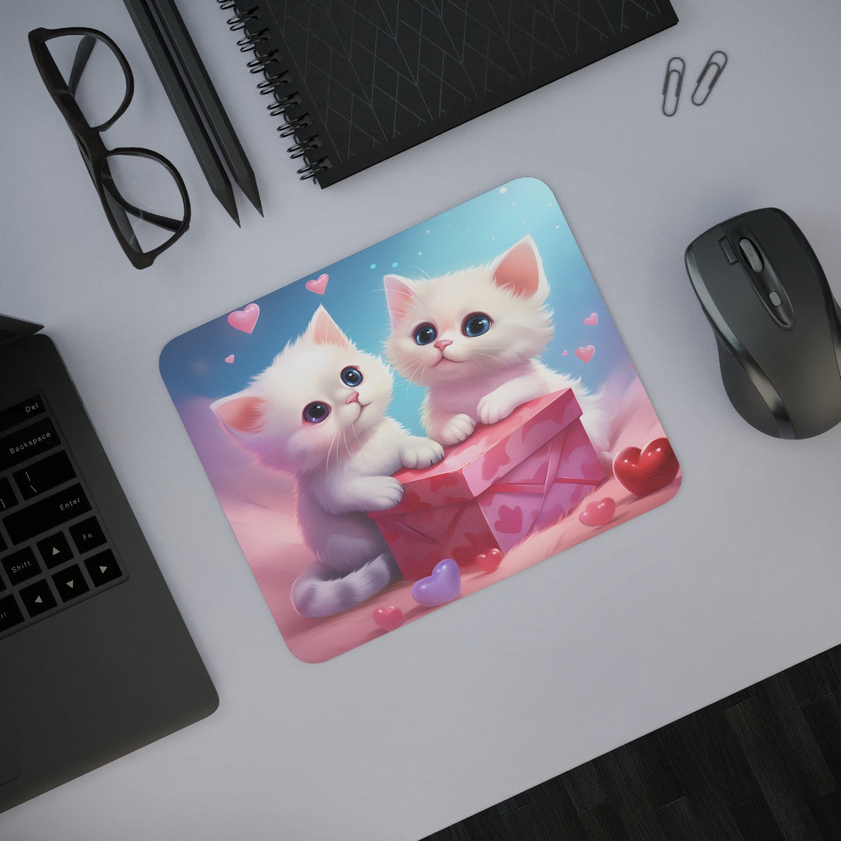 Tapis de Souris Chatons Cadeau d’Amour Illustration Mignonne Saint-Valentin  Accessoire Bureau Romantique