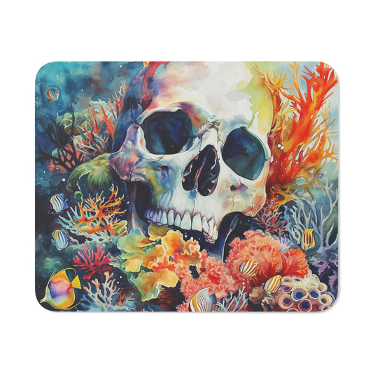 Tapis de Souris Crâne Aquarelle Sous-Marine Coraux, Poissons Tropicaux et Art Macabre Accessoire Bureau Artistique