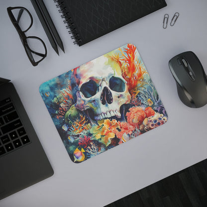 Tapis de Souris Crâne Aquarelle Sous-Marine Coraux, Poissons Tropicaux et Art Macabre Accessoire Bureau Artistique