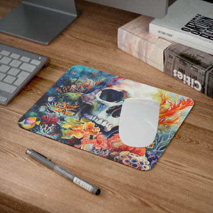 Tapis de Souris Crâne Aquarelle Sous-Marine Coraux, Poissons Tropicaux et Art Macabre Accessoire Bureau Artistique