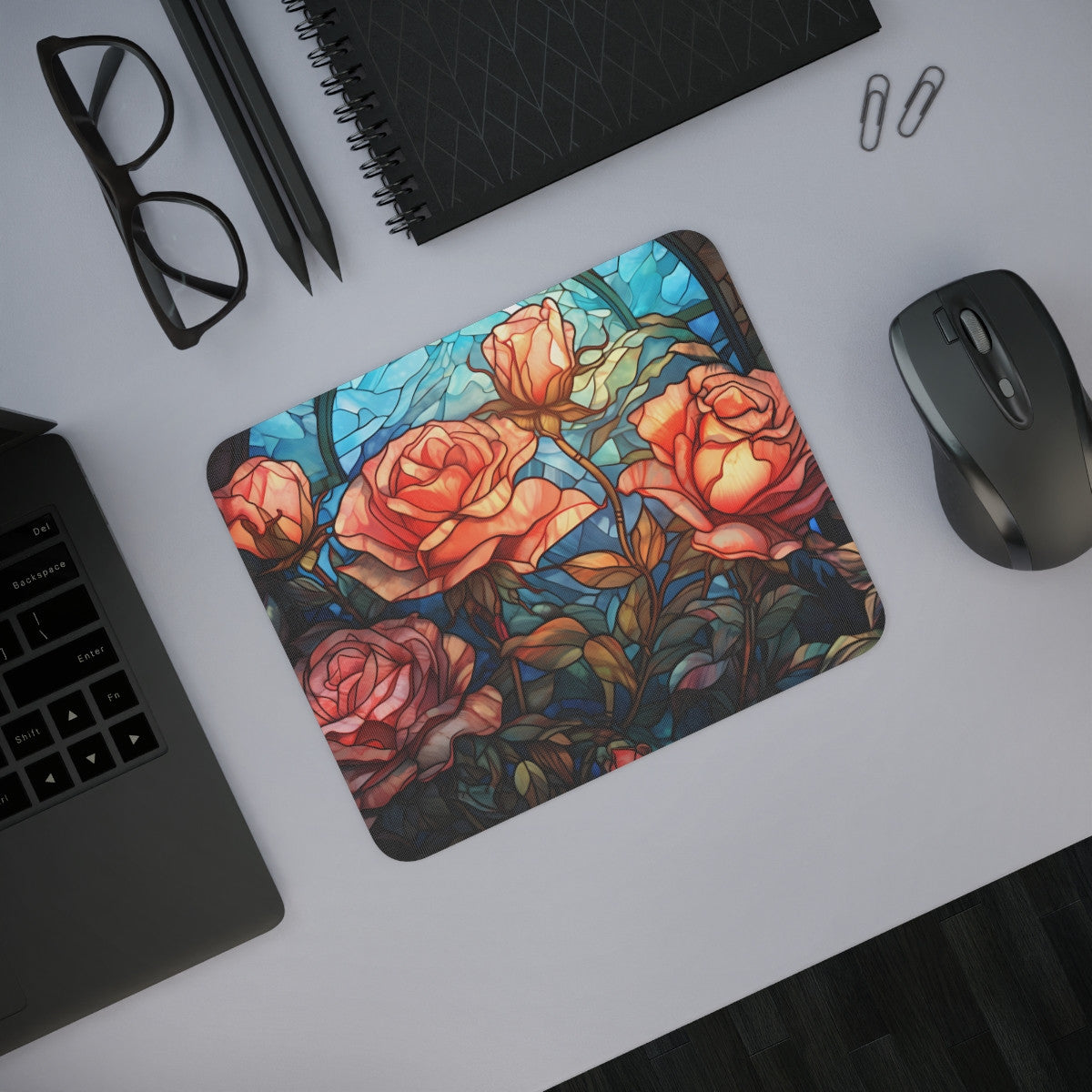 Tapis de Souris  22x18cm Vitrail Roses Élégance Florale Artistique et Lumineuse Idée cadeau