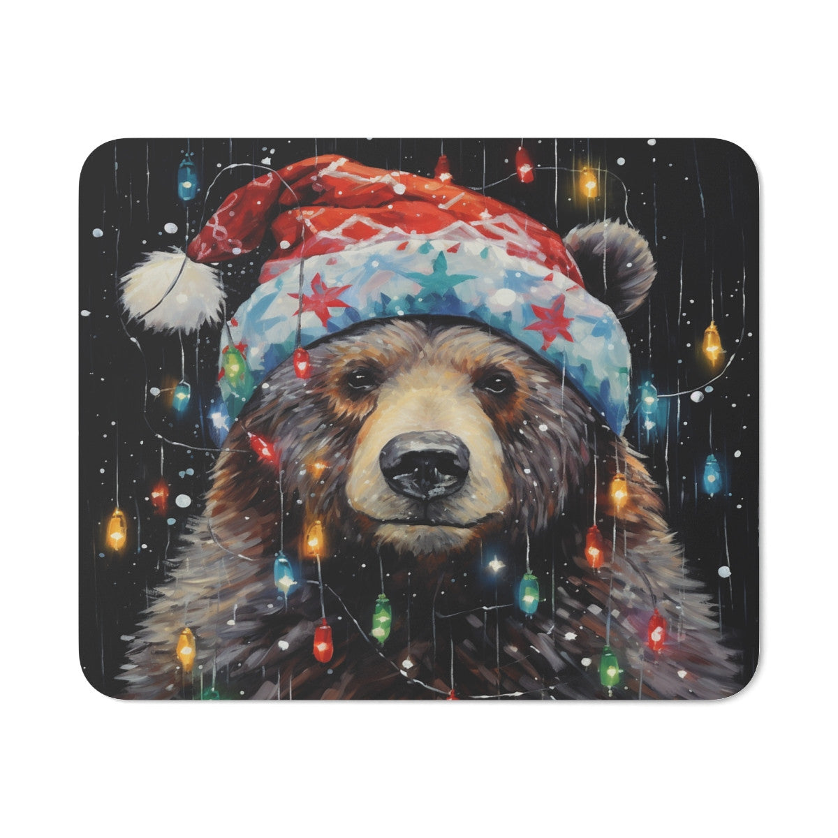 Tapis de Souris Ours de Noël Bonnet Festif et Guirlandes Lumineuses, Ambiance Hivernale Mignonne