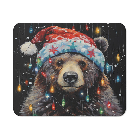 Tapis de Souris Ours de Noël Bonnet Festif et Guirlandes Lumineuses, Ambiance Hivernale Mignonne