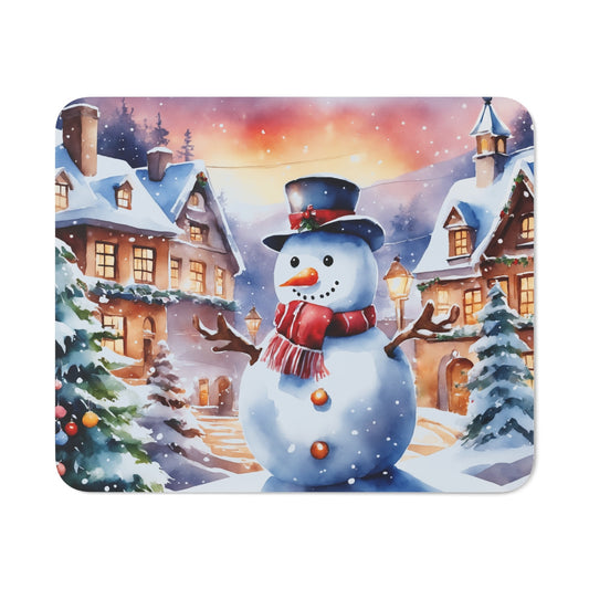 Tapis de Souris Bonhomme de Neige  Scène de Village de Noël Enneigé, Illustration Hivernale Féérique