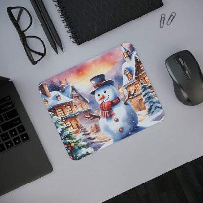 Tapis de Souris Bonhomme de Neige  Scène de Village de Noël Enneigé, Illustration Hivernale Féérique