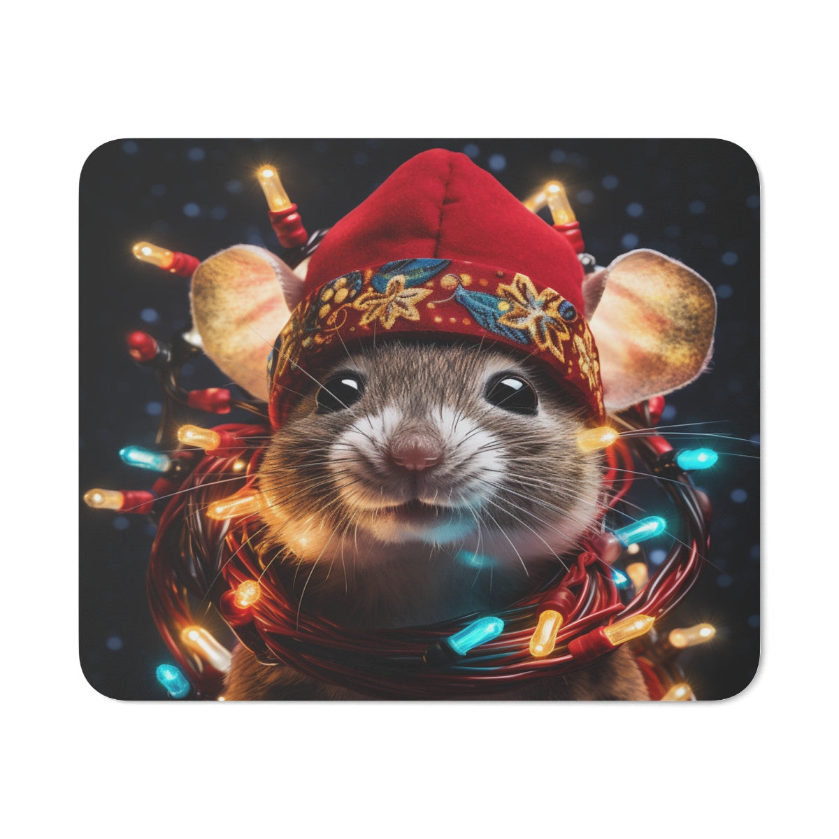 Tapis de Souris Souris de Noël Illustration Festive avec Bonnet Rouge et Guirlandes Lumineuses