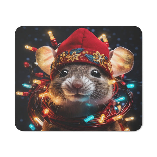 Tapis de Souris Souris de Noël Illustration Festive avec Bonnet Rouge et Guirlandes Lumineuses