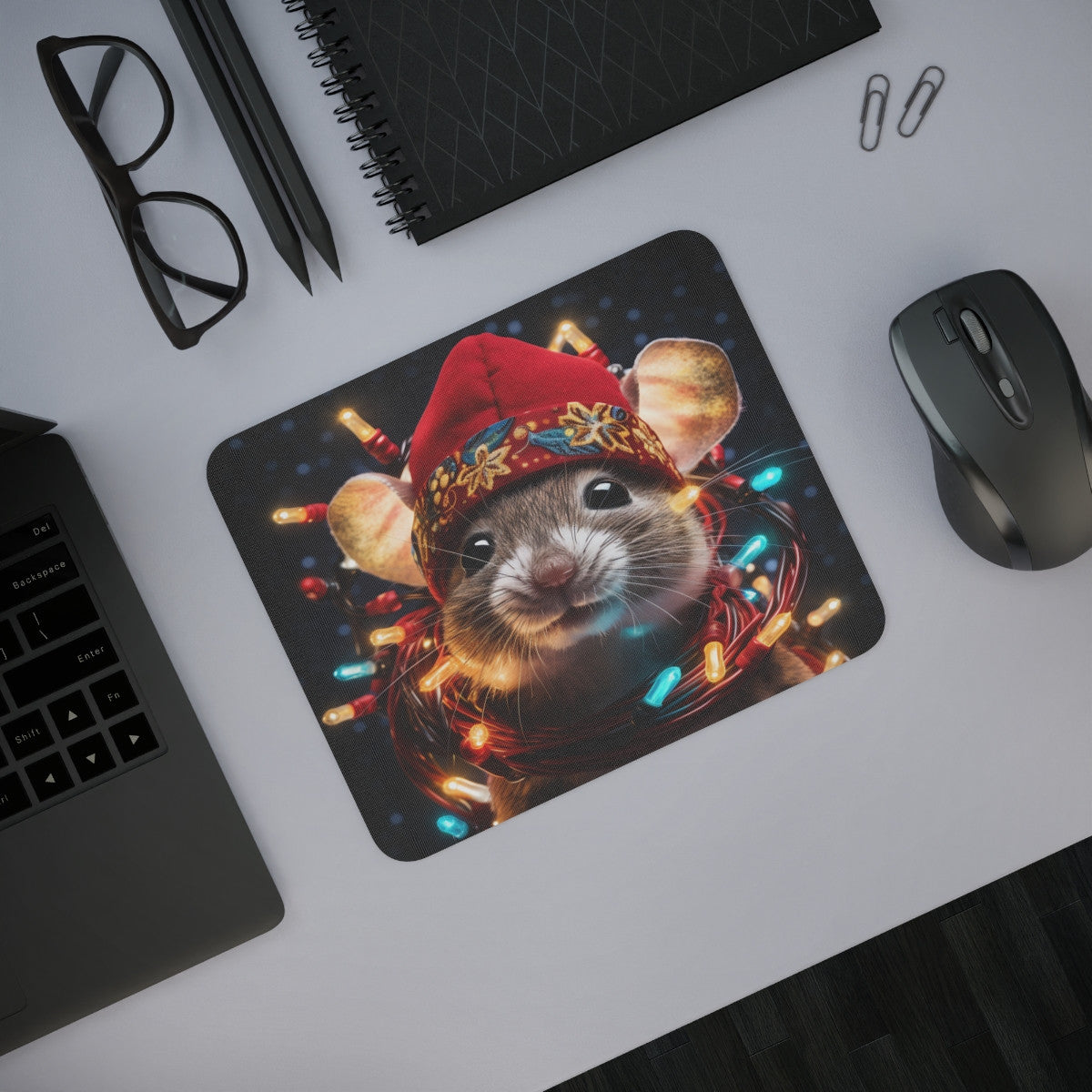 Tapis de Souris Souris de Noël Illustration Festive avec Bonnet Rouge et Guirlandes Lumineuses