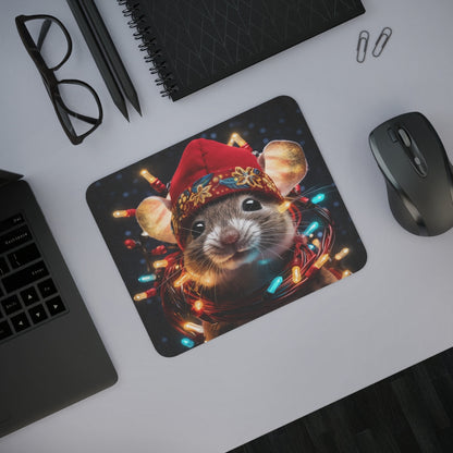 Tapis de Souris Souris de Noël Illustration Festive avec Bonnet Rouge et Guirlandes Lumineuses