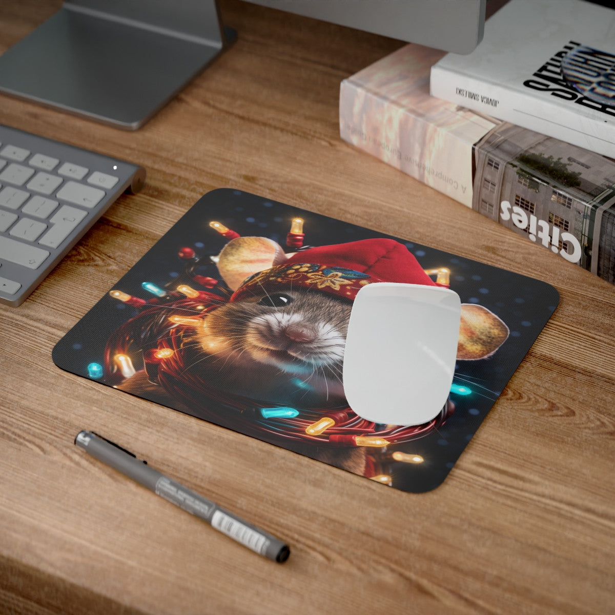Tapis de Souris Souris de Noël Illustration Festive avec Bonnet Rouge et Guirlandes Lumineuses