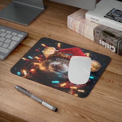 Tapis de Souris Souris de Noël Illustration Festive avec Bonnet Rouge et Guirlandes Lumineuses