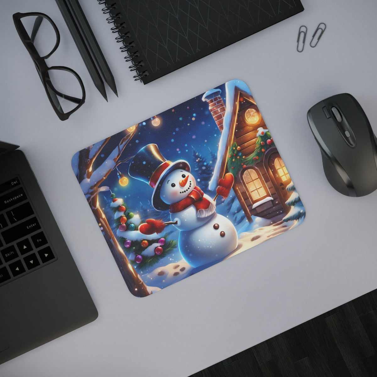Tapis de Souris Bonhomme de Neige Scène de Noël Enchantée avec Sapin et Chalet Idée cadeau