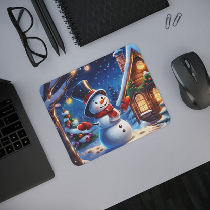 Tapis de Souris Bonhomme de Neige Scène de Noël Enchantée avec Sapin et Chalet Idée cadeau