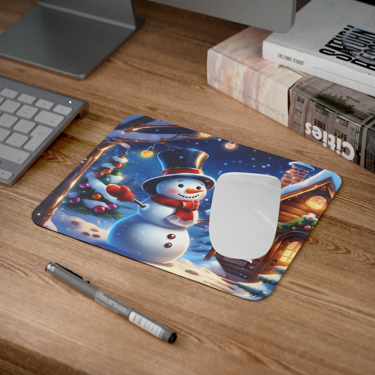 Tapis de Souris Bonhomme de Neige Scène de Noël Enchantée avec Sapin et Chalet Idée cadeau