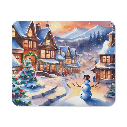 Tapis de Souris Village de Noël  Scène Hivernale Féérique avec Sapins et Bonhomme de Neige