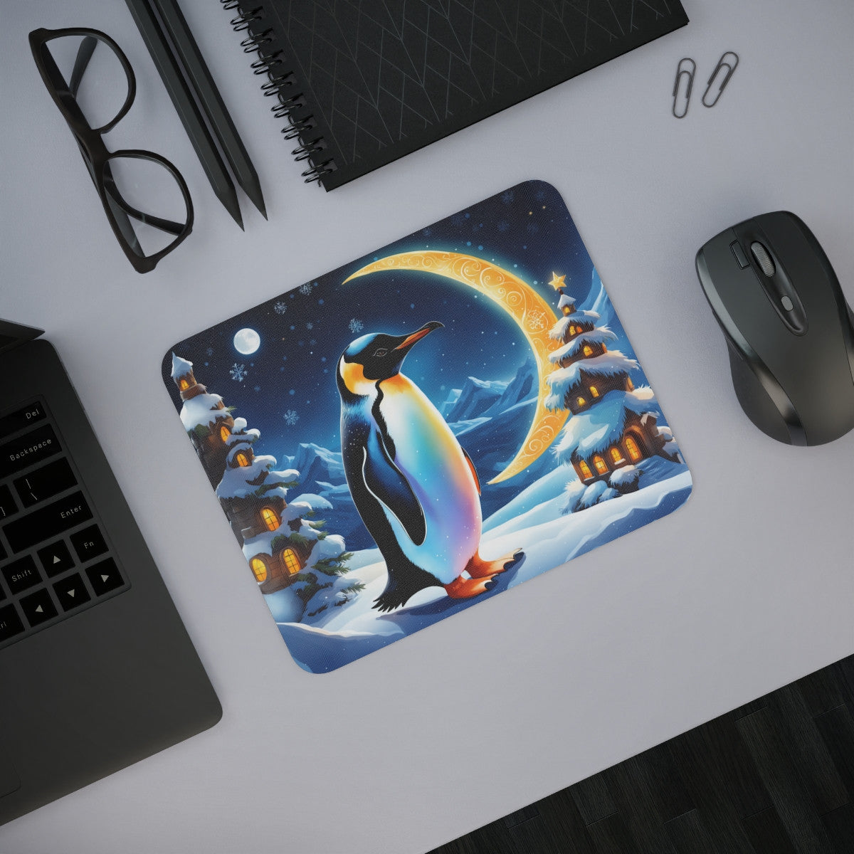 Tapis de Souris Pingouin Magique  Décor Hivernal Fantastique et Lune Dorée Idée cadeau