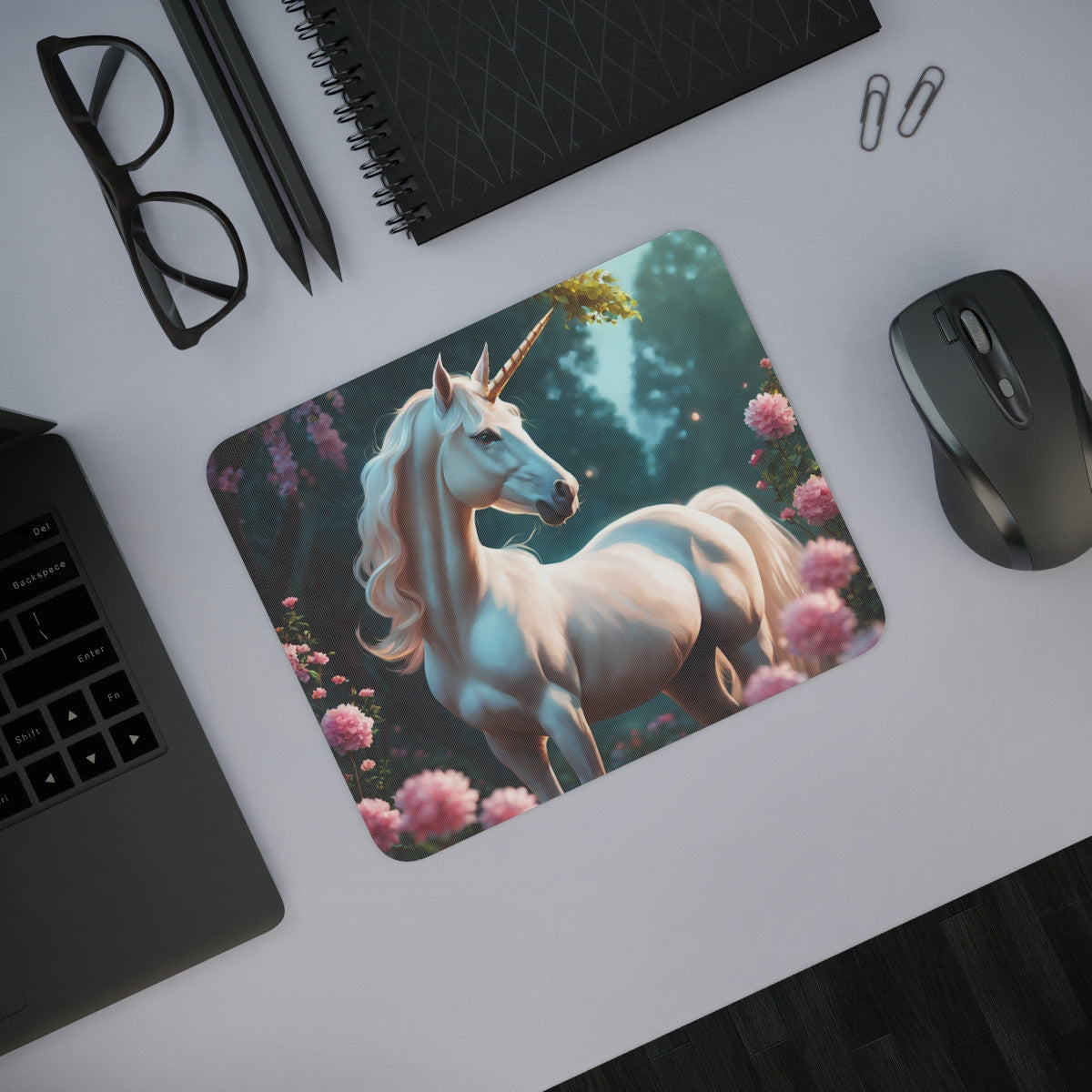 Tapis de Souris Licorne Blanche Jardin Enchanté et Fleurs Roses Idée cadeau