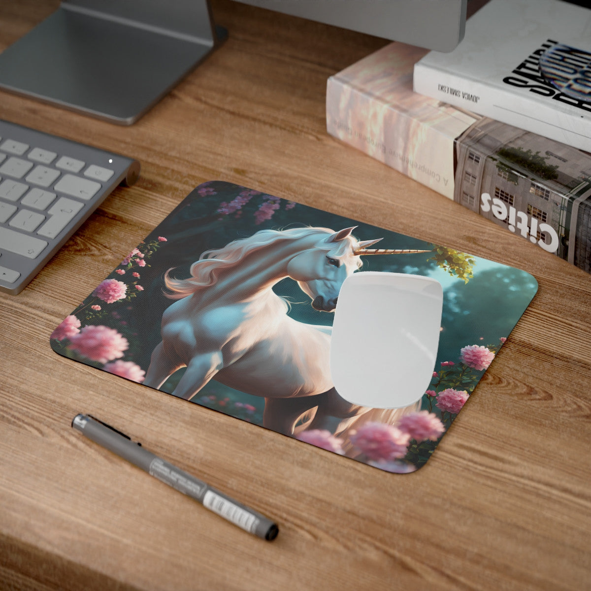 Tapis de Souris Licorne Blanche Jardin Enchanté et Fleurs Roses Idée cadeau