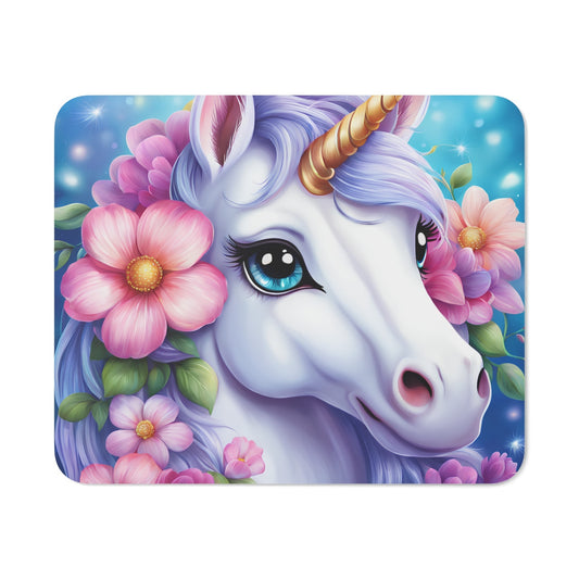 Tapis de Souris Licorne Féérique Portrait Licorne aux Yeux Bleus et Fleurs Magiques