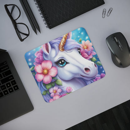 Tapis de Souris Licorne Féérique Portrait Licorne aux Yeux Bleus et Fleurs Magiques