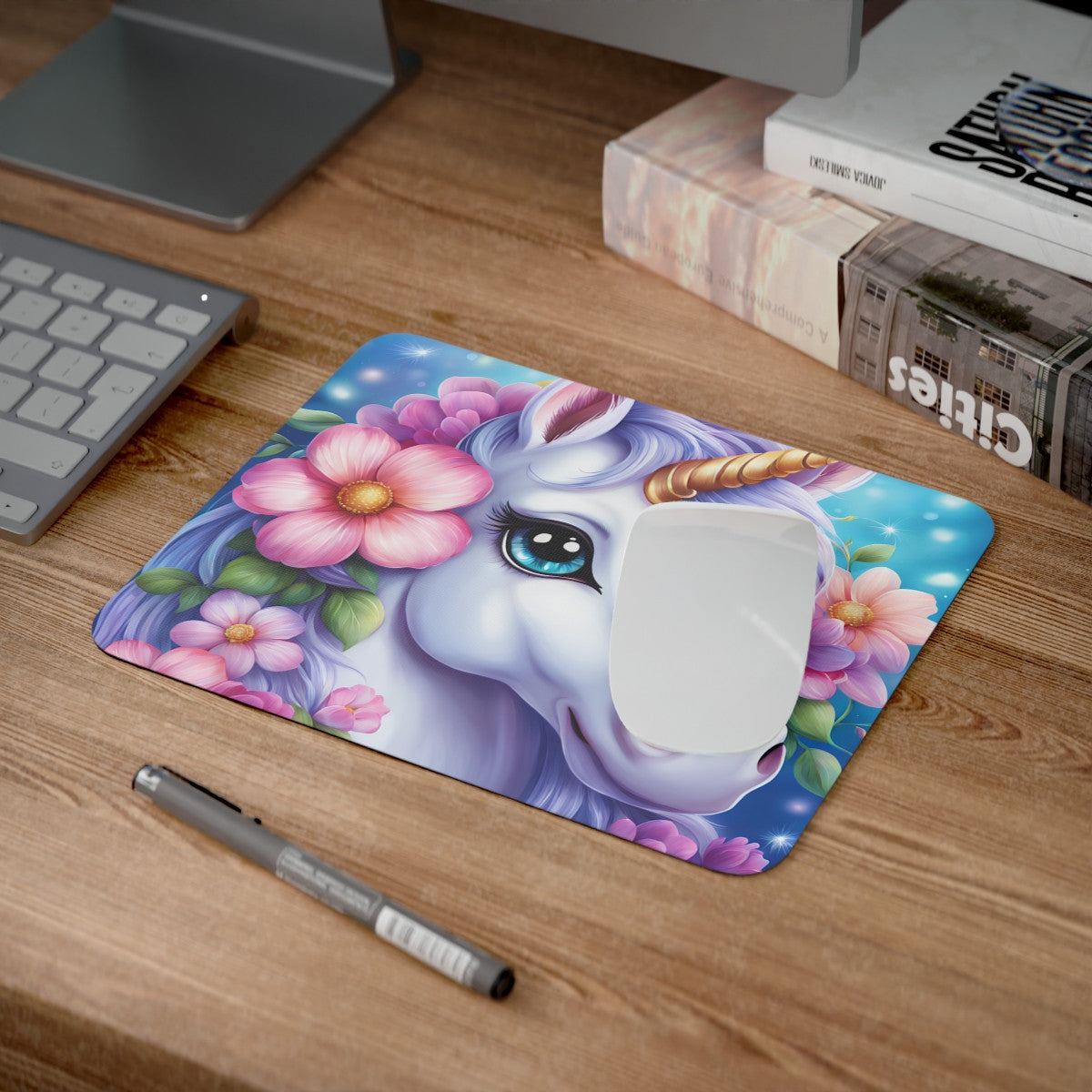 Tapis de Souris Licorne Féérique Portrait Licorne aux Yeux Bleus et Fleurs Magiques