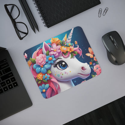 Tapis de Souris Licorne Arc-en-Ciel  Portrait Licorne Fleurie avec Yeux Bleus Étincelants