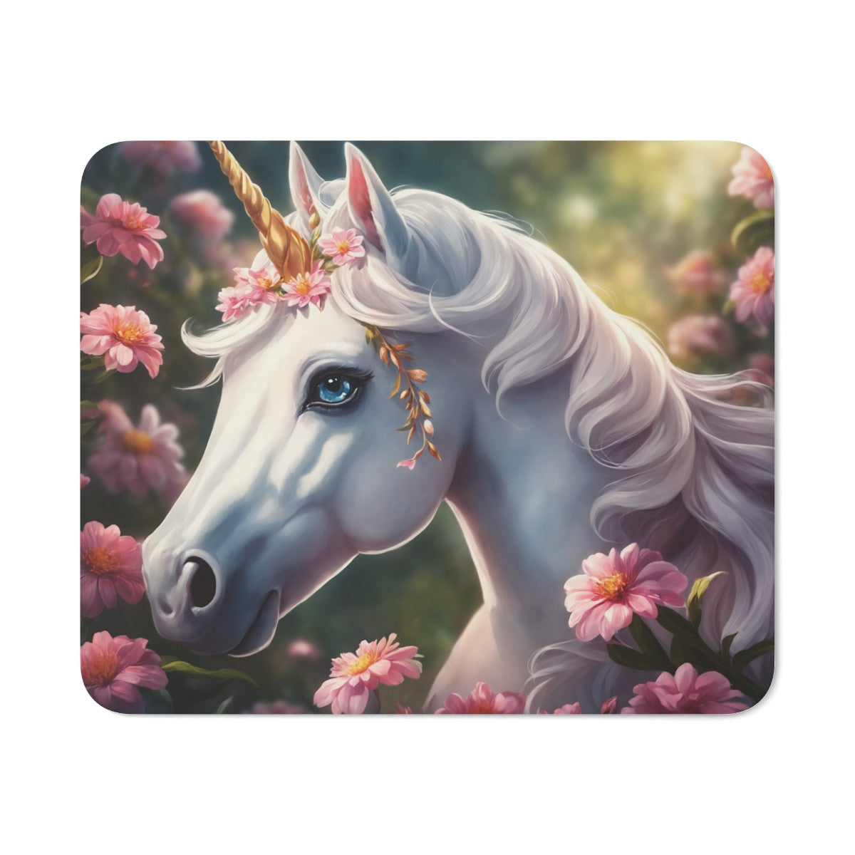 Tapis de Souris Licorne Élégante  Licorne Blanche aux Yeux Bleus avec Fleurs Roses en Forêt Magique