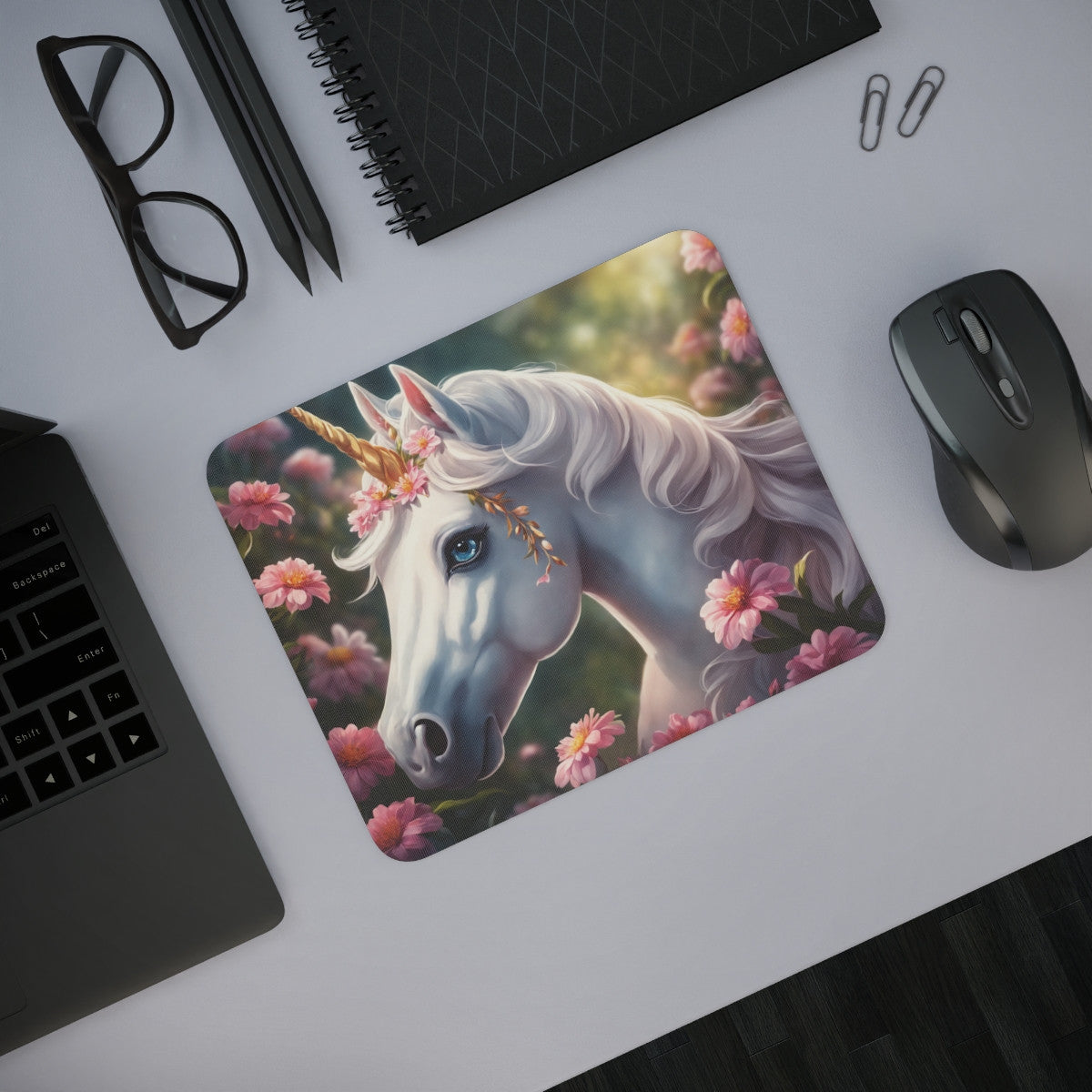 Tapis de Souris Licorne Élégante  Licorne Blanche aux Yeux Bleus avec Fleurs Roses en Forêt Magique