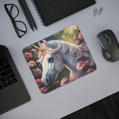 Tapis de Souris Licorne Élégante  Licorne Blanche aux Yeux Bleus avec Fleurs Roses en Forêt Magique