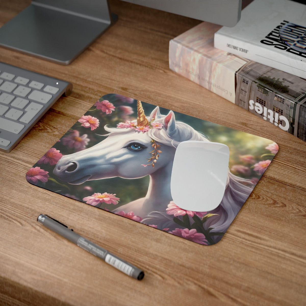 Tapis de Souris Licorne Élégante  Licorne Blanche aux Yeux Bleus avec Fleurs Roses en Forêt Magique