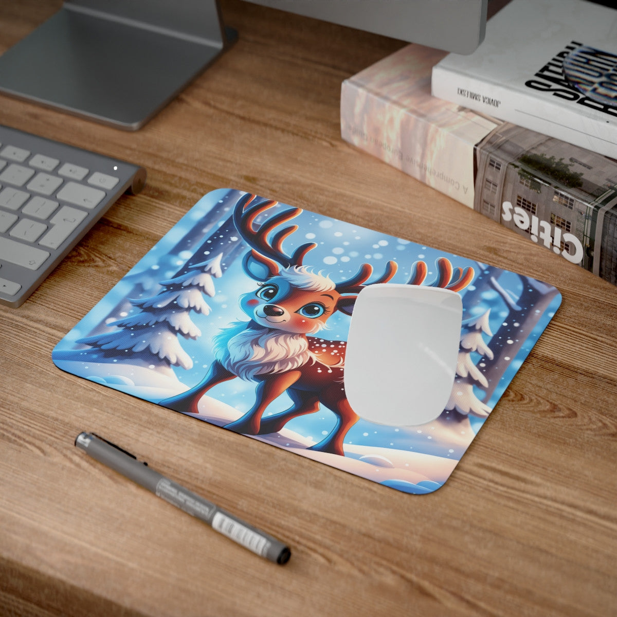 Tapis de Souris Renne de Noël Mignon Faon aux Grands Yeux dans une Forêt Enneigée
