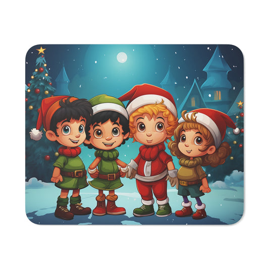 Tapis de Souris Noël Enfants Scène Festive avec Lutins et Père Noël Illustration Hivernale Mignonne
