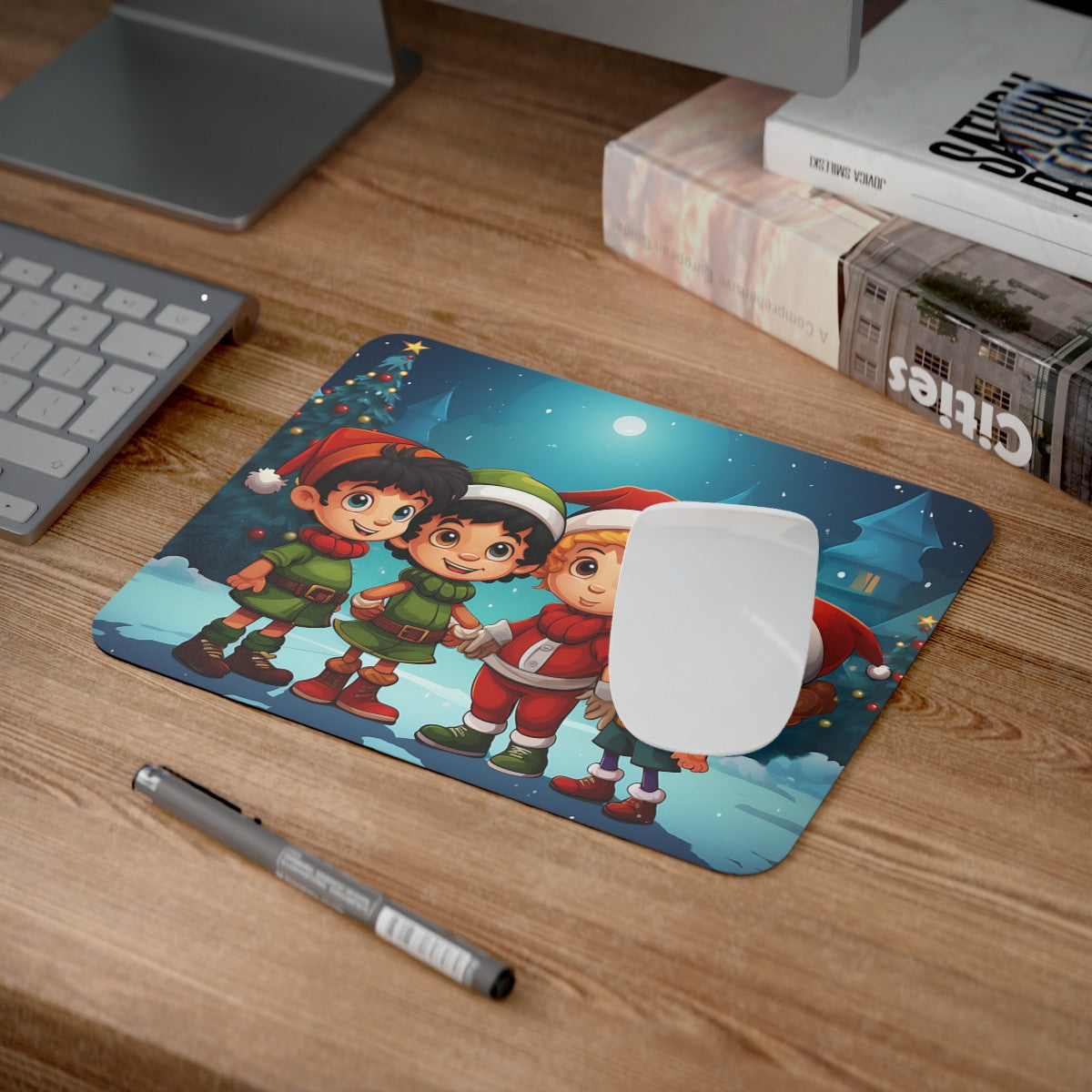 Tapis de Souris Noël Enfants Scène Festive avec Lutins et Père Noël Illustration Hivernale Mignonne
