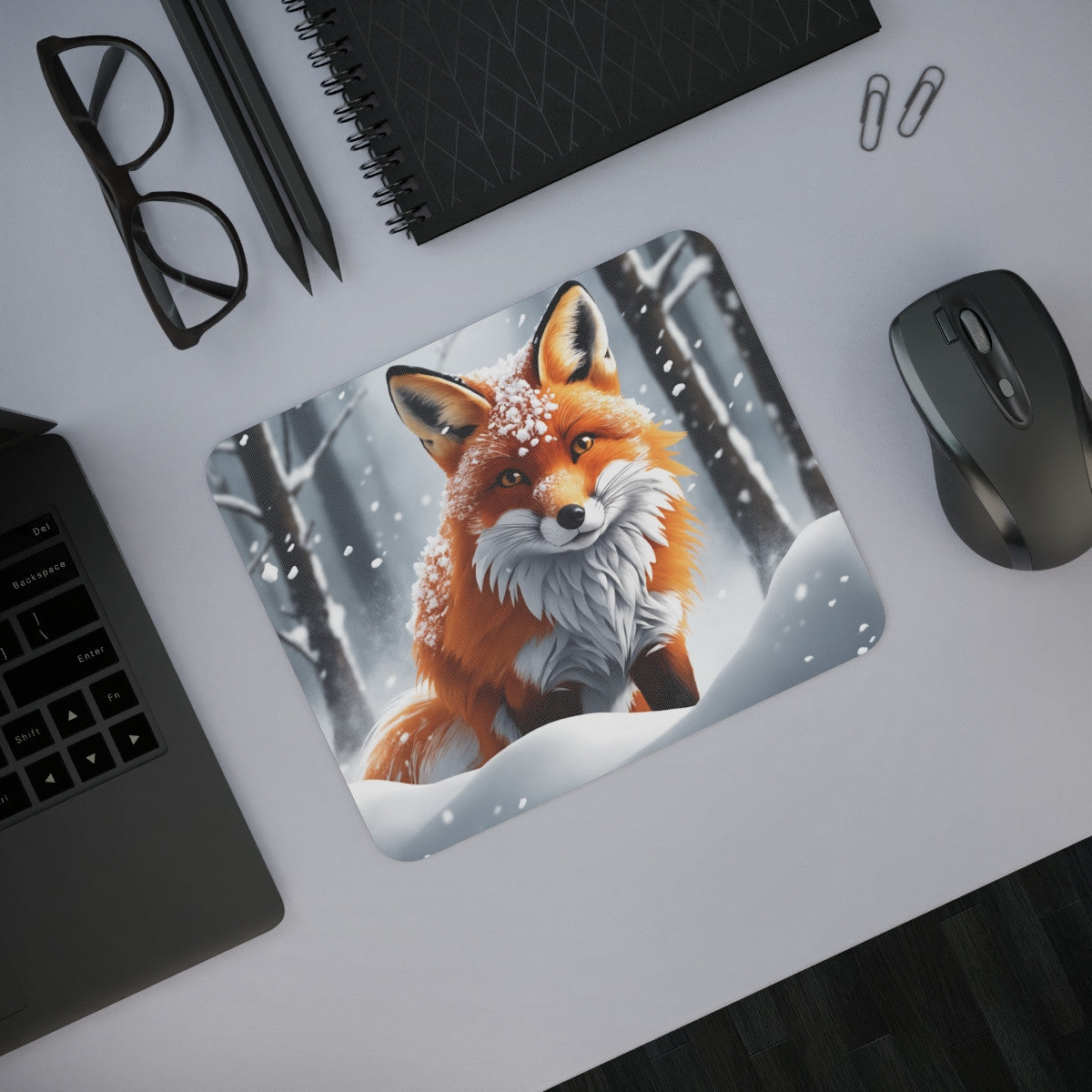 Tapis de Souris Renard Hiver Illustration d’un Renard Roux dans la Neige, Design Animalier et Saison Froid